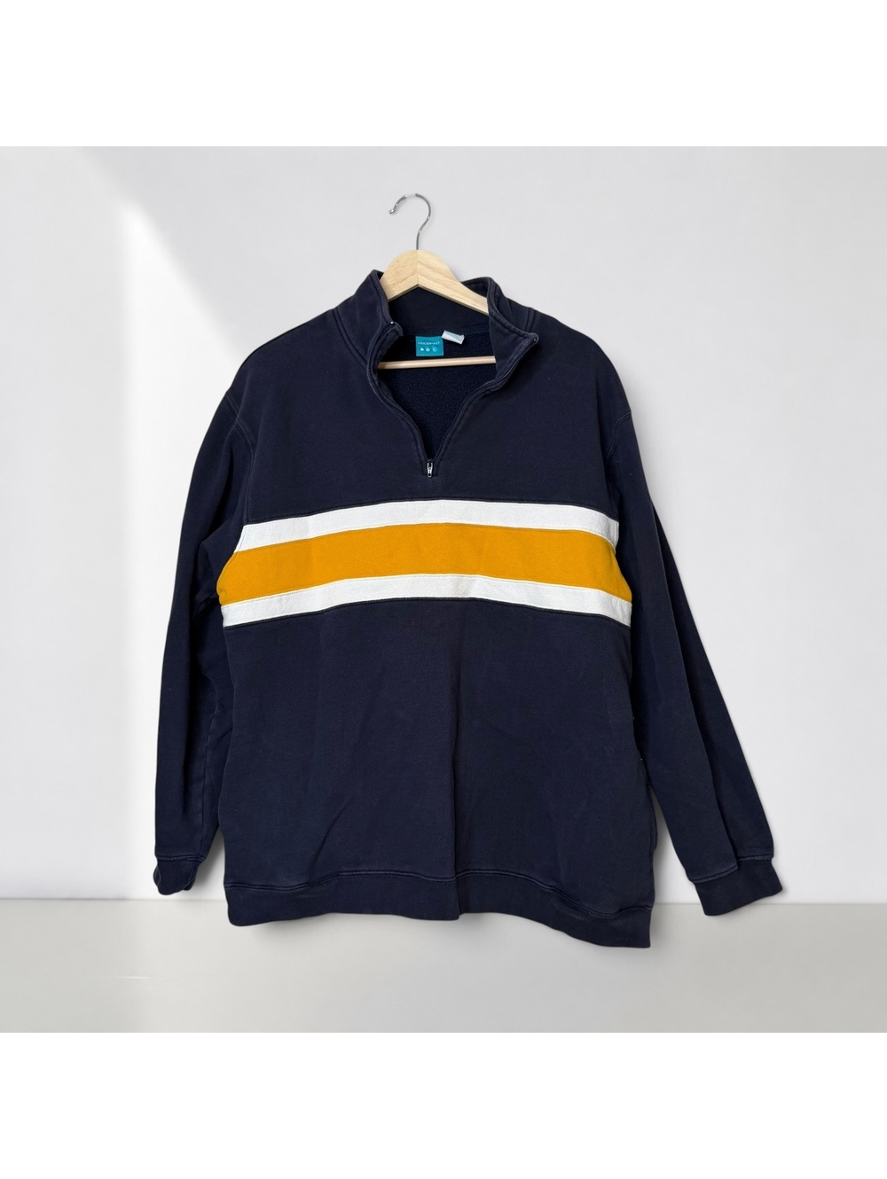 Y2K Navy Mustard Stripe Quarter Zip Sweatshirt Preppy Collegiate Michigan